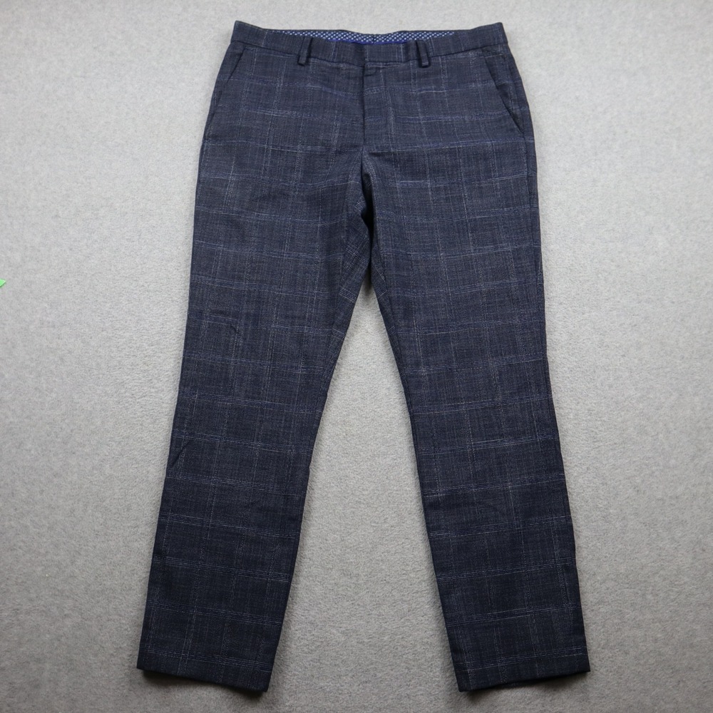 Murano Pants Mens 34x29 Evan Fit Navy Blue Plaid Stretch Flat Front Dress Slacks